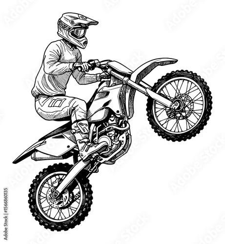 Man Doing Trick with Motocross Bike Wheelie Black and White Outline Line Art Drawing Vector Illustration