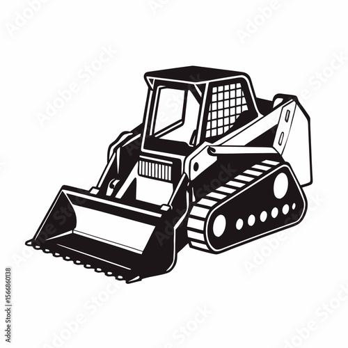 Illustration of a black and white skid steer loader with a bucket and tracks on a white background created with generated ai
