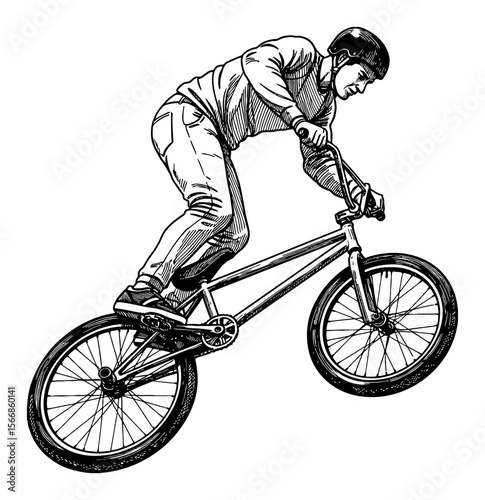 Man Doing Trick with BMX Bicycle Black and White Outline Line Art Drawing Freestyle Rider Skill Performance