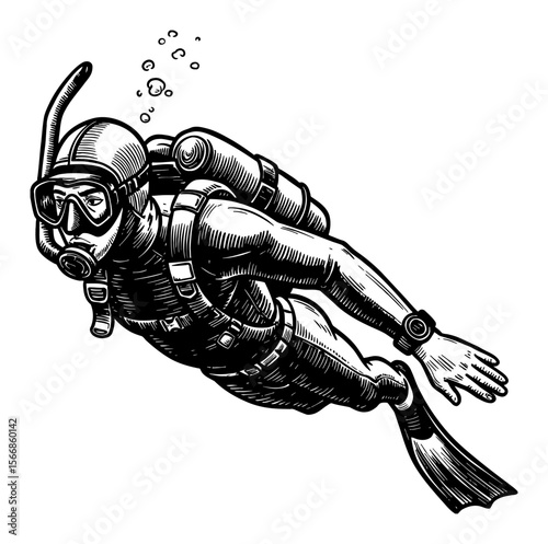Man Scuba Diver Closeup Underwater Black and White Outline Line Art Drawing with Bubbles