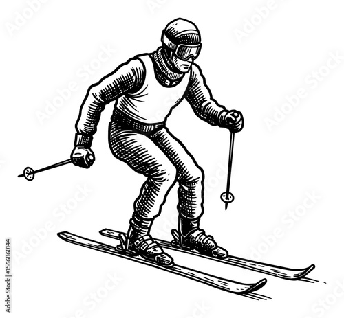 Man skiing downhill in full gear vintage Black and White Outline Line Art Drawing engraving style