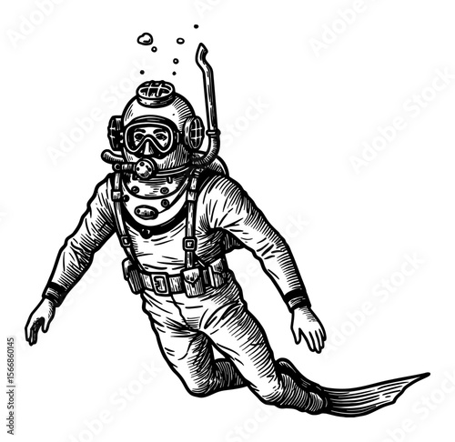 Man Freediving with Vintage Diving Suit Floating Underwater Black and White Outline Line Art Drawing