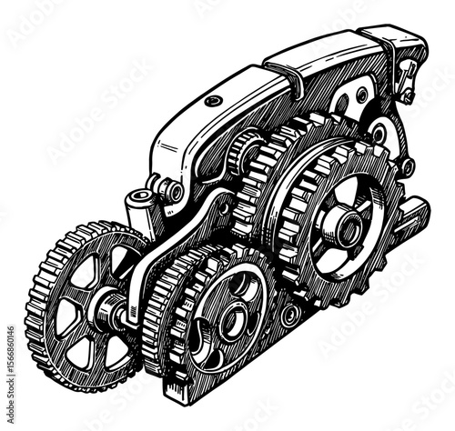 Detailed Mechanical Gears Machinery Engineering Industrial Black and White Outline Line Art Drawing Isolated Object
