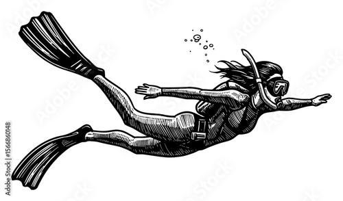 Woman Freediving Underwater with Fins Mask and Snorkel in Dynamic Black and White Outline Line Art Drawing