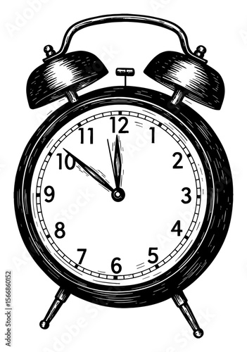 Classic Vintage Alarm Clock Black and White Outline Line Art Drawing Engraved Style Isolated Object