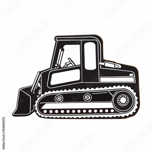 Illustration of a black and white bulldozer with tracks and a front scoop on a white background created with generated ai