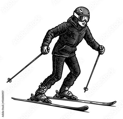Woman Skiing Wearing Jacket Helmet Goggles Black and White Outline Line Art Drawing