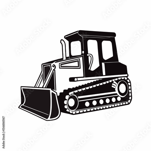 Illustration of a black and white bulldozer with a large blade and track wheels on a white background created with generated ai