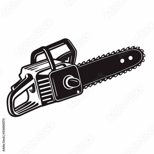 Illustration of a black and white chainsaw with a visible blade and handle on a white background created with generated ai