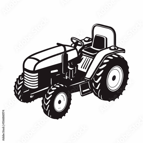 Illustration of a black and white tractor with large tires and a seat on a white background image created with generated ai