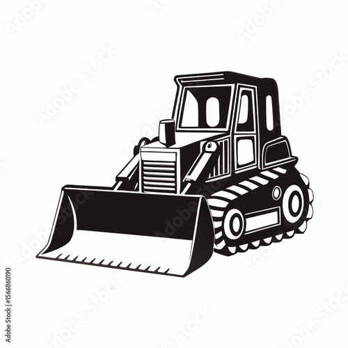 Illustration of a black and white bulldozer with a large front blade and treaded wheels depicted in detail created with generated ai