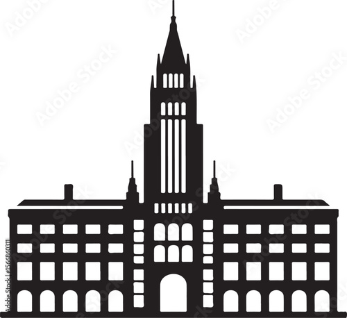 Iconic gothic revival architecture building silhouette with tall central spire