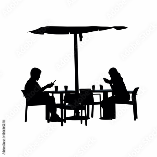 Silhouetted figures at an outdoor cafe table under an umbrella with drinks and phone interactions shown created with generated ai