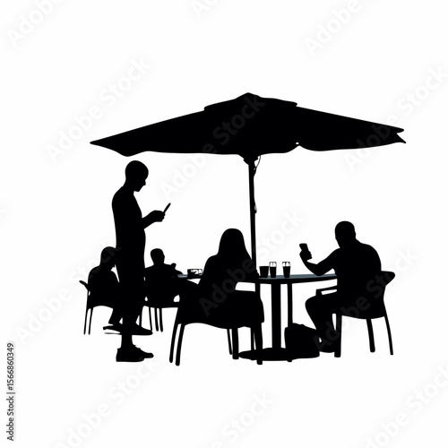 Silhouette of people at outdoor cafe under umbrella using phones and enjoying drinks at a table together created with generated ai