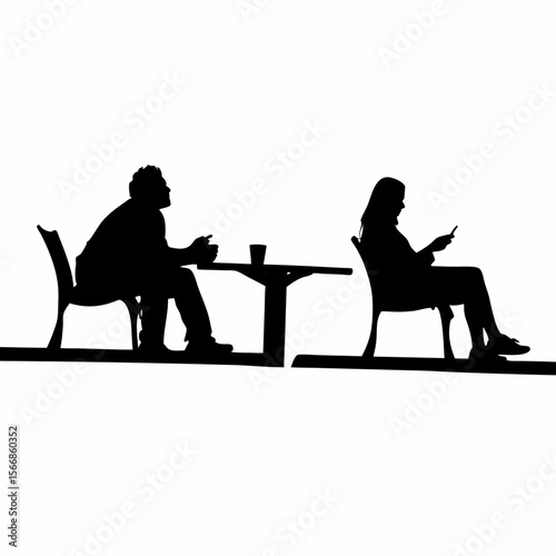 Silhouette of a man and woman sitting at separate tables with a cup in between them in black and white created with generated ai