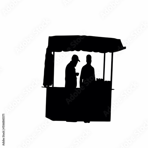 Silhouette of two people at a food stall with a canopy in black and white vector illustration art created with generated ai