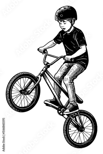 Little Boy Performing Trick on BMX Bicycle Wearing Black TShirt Helmet Black and White Outline Line Art Drawing