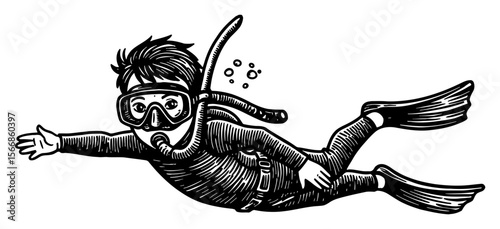 Little Boy Freediving Underwater with Snorkel Mask Fins Black and White Outline Line Art Drawing Illustration
