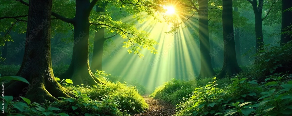 Obraz premium Sunbeams Illuminate Lush Green Forest, Creating Dappled Light and Shadow on the Forest Floor ? Magical, Serene Nature Scene