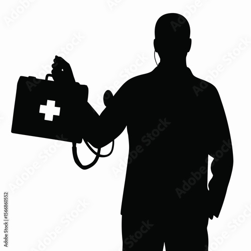 Silhouette of a doctor holding a first aid kit with a stethoscope in his hand on a white background created with generated ai