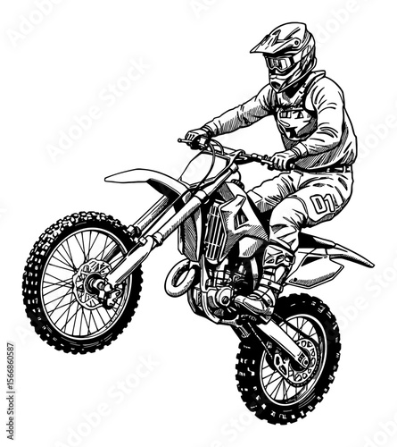 Man Riding Motocross Bike Performing Dynamic Wheelie Trick Black and White Outline Line Art Drawing