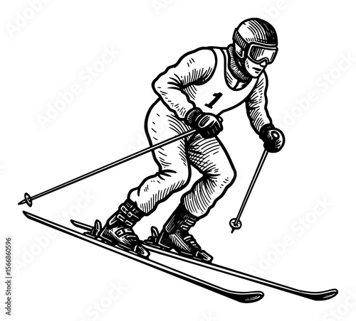 Man Skiing Downhill in Classic Black and White Outline Line Art Drawing with Helmet Goggles and Poles