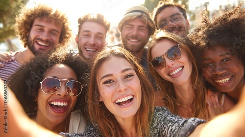 Group of friends selfie smiling bright sun happiness community diverse young adults positivity