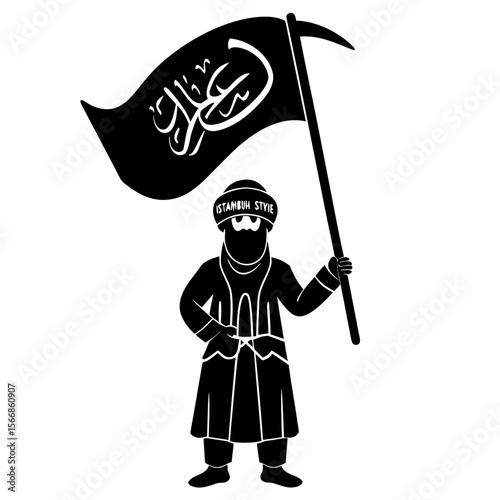 Stylized figure holding flag with arabic script wearing istambuh style hat and traditional robe outfit created with generated ai