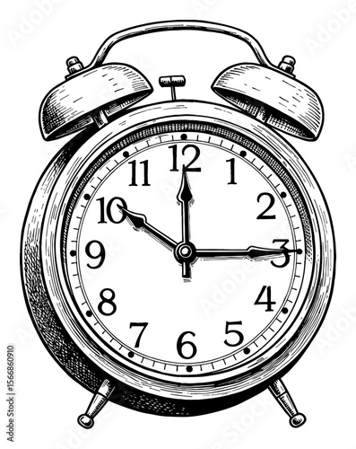 Vintage Alarm Clock Showing Three OClock Detailed Black and White Outline Line Art Drawing Engraving