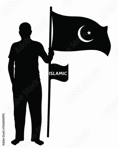 Silhouette of a man holding an islamic flag with a crescent moon and star on a white background design created with generated ai