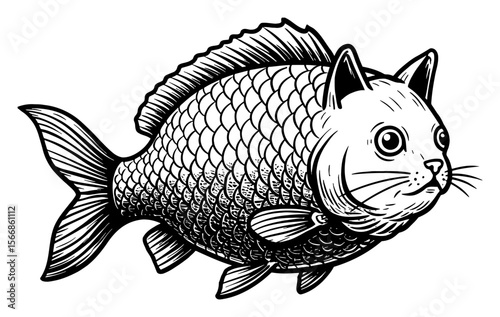Cute Cartoony Fish with Cat Head Amusing Animal Hybrid Black and White Outline Line Art Drawing