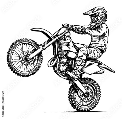 Little Boy Rider Performing Motocross Trick Wheelie Stunt Black and White Outline Line Art Drawing
