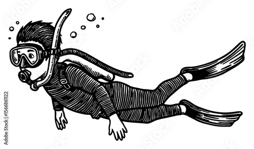 Little Boy Freediving Underwater Black and White Outline Line Art Drawing with Snorkel and Fins
