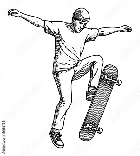 Dynamic Man Doing Skateboard Trick Mid Air with Arms Spread Black and White Outline Line Art Drawing Vector Illustration