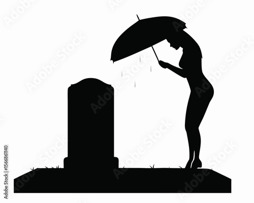 Silhouette of woman with umbrella at grave in rain showing grief and mourning in black and white design created with generated ai