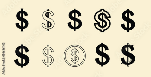 Collection of Stylish Dollar Sign Icons Vector Graphics for Finance, Business, and Money Designs