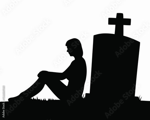 Silhouette of person sitting beside a grave with a cross in a cemetery in black and white style image created with generated ai