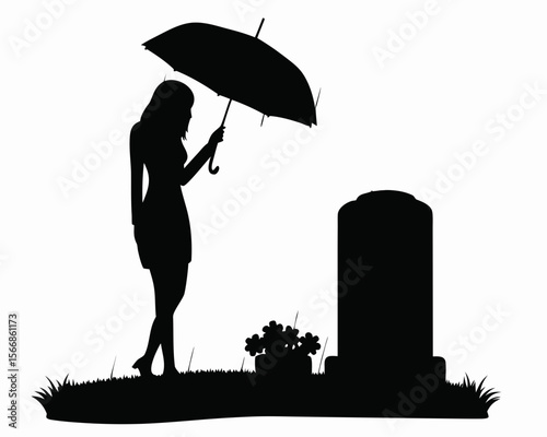 Silhouette of a woman with umbrella standing near a gravestone with flowers in a cemetery scene shown created with generated ai