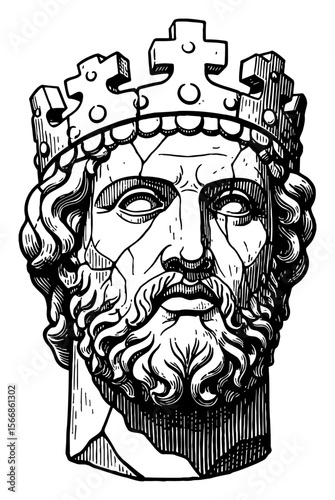 Majestic King Head Sculpture Statue Very Broken Fractured Black and White Outline Line Art Drawing Ancient