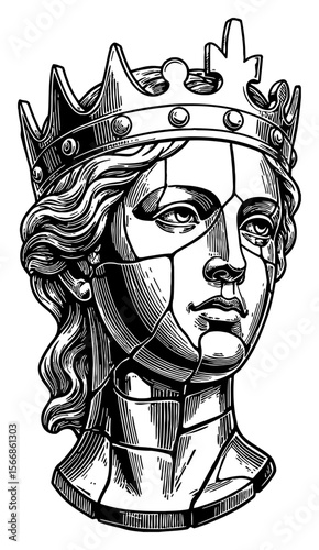 Shiny Metal Majestic Queen Head Statue Broken Fractured Ancient Black and White Outline Line Art Drawing