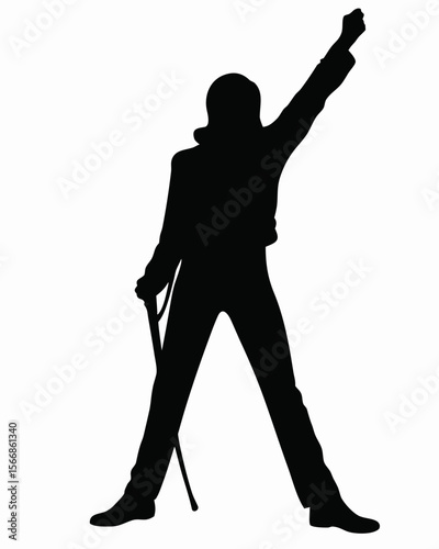 Silhouette of a person in a suit with a cane raising their arm in a triumphant gesture on white created with generated ai