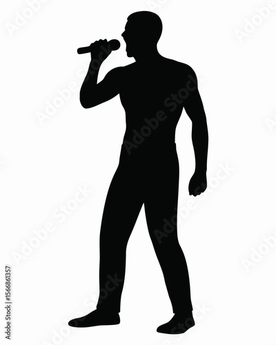 Silhouette of a man singing into a microphone with his arm raised in a performance on a white background created with generated ai