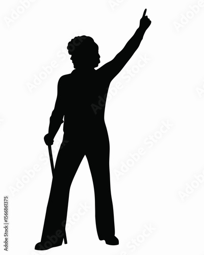 Silhouette of a person standing with a cane and pointing upwards with their right arm extended high up created with generated ai