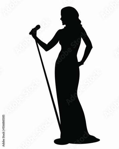 Silhouette of a woman in a gown singing into a microphone on a stand in black and white style image created with generated ai