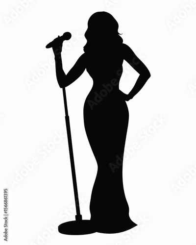 Silhouette of a woman singing into a microphone with a floor stand in a long dress on a white background created with generated ai