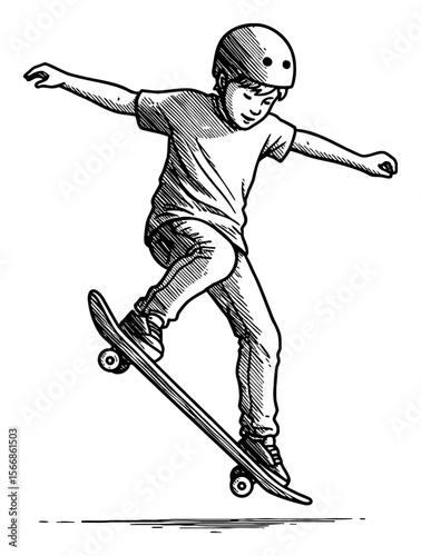 Little Boy Wearing Helmet Doing Skateboard Trick Black and White Outline Line Art Drawing Vector Illustration