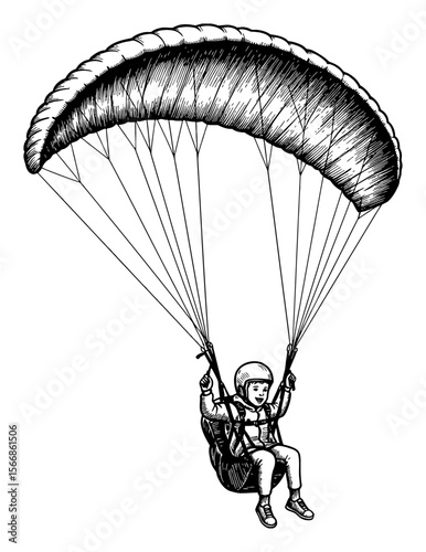 Happy Little Boy Paragliding in the Sky Black and White Outline Line Art Drawing Vintage Engraved Style