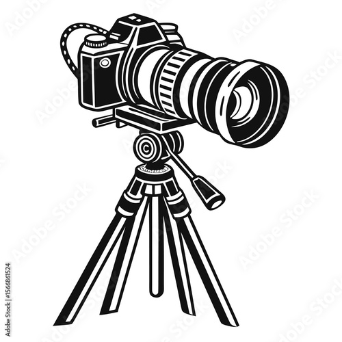 Black and white illustration of a professional camera with a telephoto lens mounted on a sturdy tripod