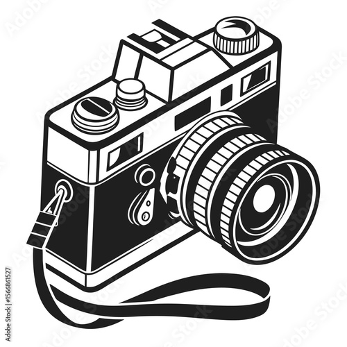 Vintage style black and white illustration of a classic film camera with a lens and strap