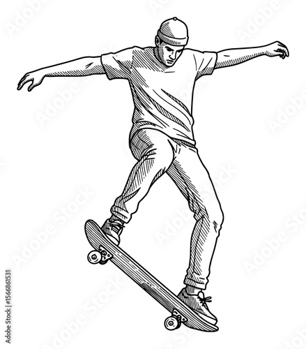 Young Man Performing Dynamic Skateboard Trick with Outstretched Arms Balancing Black and White Outline Line Art Drawing